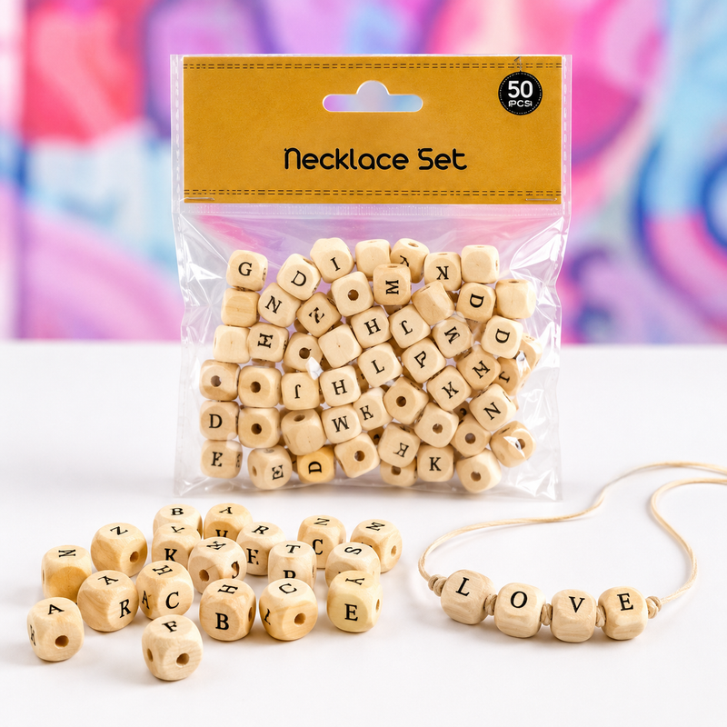 Wooden Alphabet Bead Necklace Making Kit | 50 Pack
