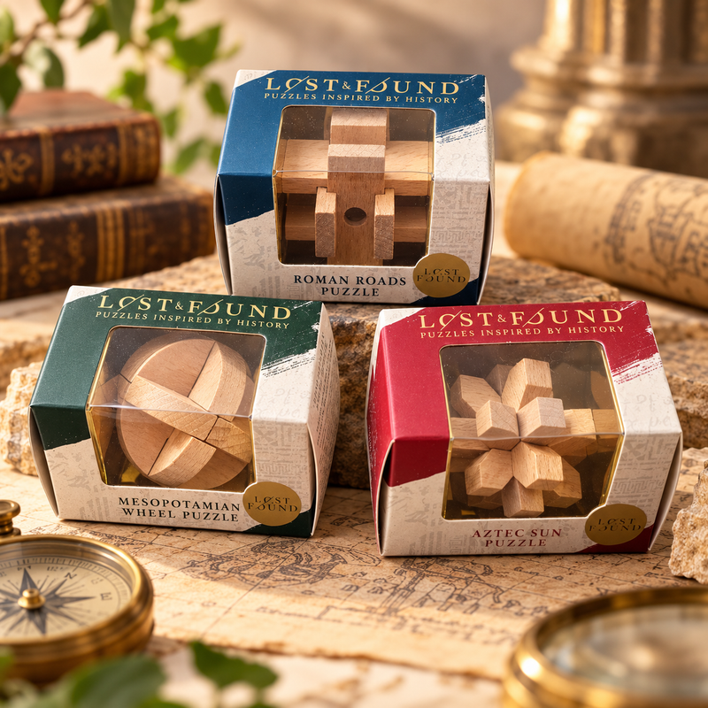 Lost & Found Mini Wooden Brain Teaser Puzzles by Professor Puzzle, featuring Mesopotamian Wheel, Roman Roads and Aztec Sun assorted wooden puzzles.