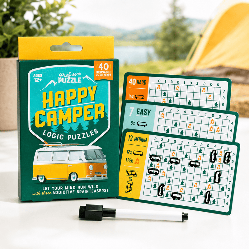 Happy Camper Logic Puzzles | 40 Reusable Brain Teasers - Boxful Events