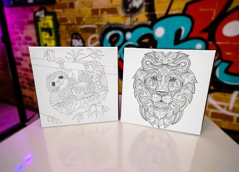 🖼️ Printed Canvas Art – Lion & Meerkat | Relaxing Paint - Ready Designs - Boxful Events