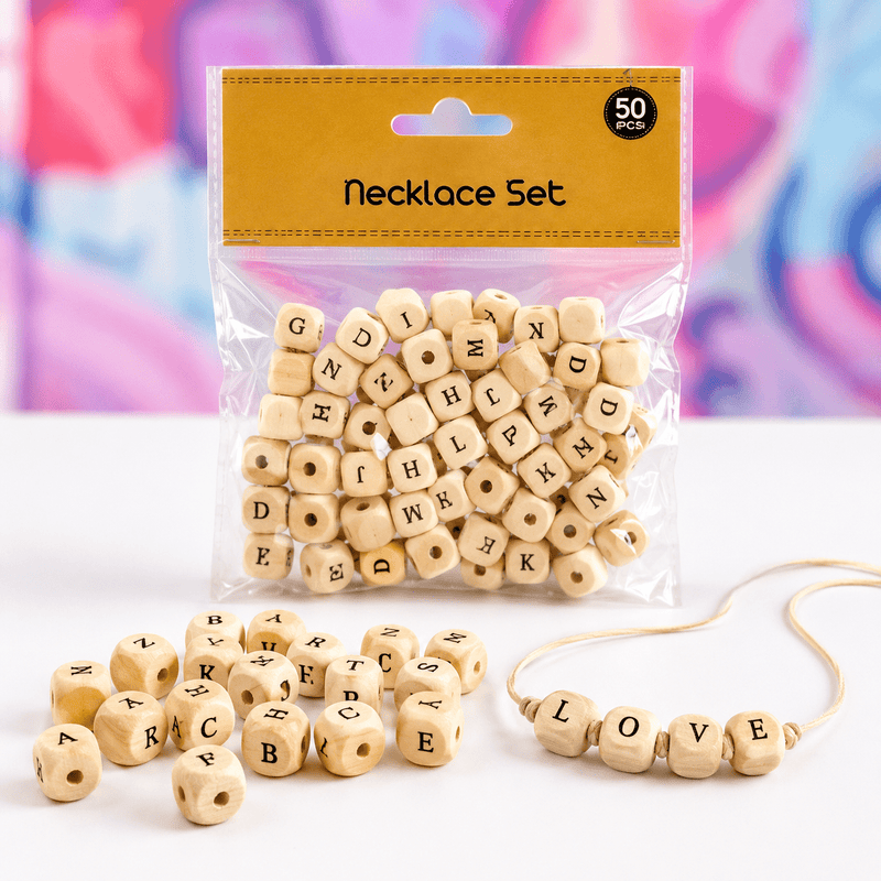 Wooden Alphabet Bead Necklace Making Kit | 50 Pack - Boxful Events