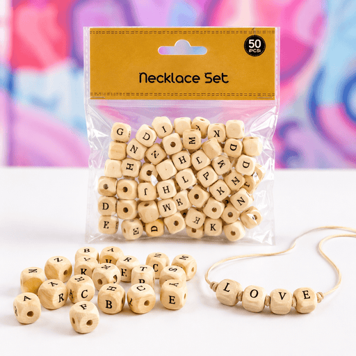 Wooden Alphabet Bead Necklace Making Kit | 50 Pack - Boxful Events